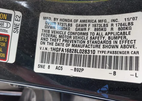 2008 Honda Civic Ex from USA, damaged, VIN 1HGFA16828L028310